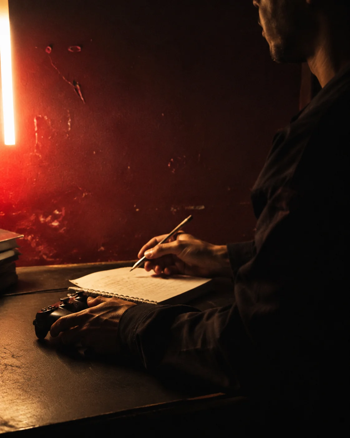 A player making notes with a controller resting beneath one hand